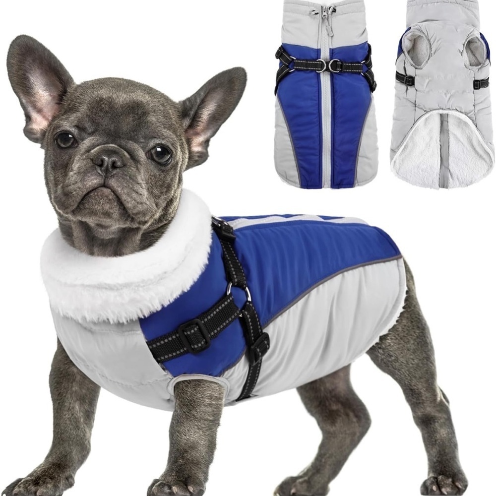 Dog Coat, Extra Warm fleece Winter Dog Jacket with Harness Built in, Grey/Blue M